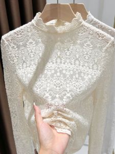 Áo Sơ Mi Ren Viền Cổ Đứng Màu Trơn Dành Cho Nữ Áo Lót Mặc Trong Mùa Thu 2024 Áo Len Cao Cấp Mới Áo Sơ Mi Ren Viền Viền Ren