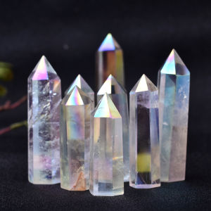 1PC Natural Aura Clear Quartz Crystal Point Wand Healing Stone Energy Quartz Chakra Tower Reiki Polished Stone Home Decoration