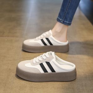 Silver Half Slip-On Sandals Womens 2026 New Thick Bottom Casual Dequn Shoes Slip-On Slippers Outdoor Wear Cross Strap Waterproof Platform Color Block Ultra Leather