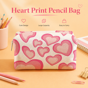 Trendy Pink Heart Gradient Pencil Bag Large Zipper Stationery Pouch Back to School Portable Pen Bag for Girls Office Daily Use