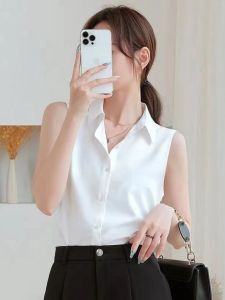 เสื้อเชิ้ตแขนกุดสีขาวสำหรับผู้หญิง ฤดูใบไม้ร่วง 2025 แฟชั่น ดีไซน์เก๋ไก๋ ชุดทำงาน คอปลอม ทรงเข้ารูป ระบายอากาศได้ดี