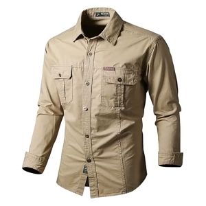 UAYESOK-Mens  Loose Long Sleeve Shirt Tooling Outdoor Loose casual Shirt Mens  Washed Cotton Multi-bag Tooling Business Casual Shirt Tide Vintage