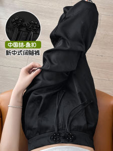 New Chinese Style Satin Wide Leg Pants Womens Summer Thin Straight Casual Trousers High Waist Long Polyester Fiber