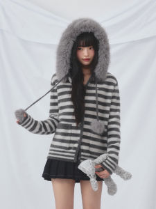 Weekend hub | Faux Fur Collar Striped Knitted Cardigan Loose