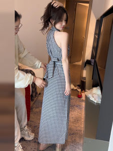 HUAYILING | French Vintage Plaid Sash Waistless Sleeveless Womens Summer Dress High Waist A-Line Skirt V-Neck Thin Material Midi Dress