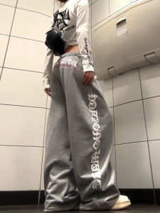 Gothic Style Drawstring Wide Leg Sweatpants Womens Loose Fit Jazz Dance Pants Autumn Season Casual High Waist Cotton Polyester Blend