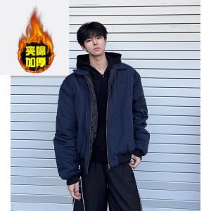 Blue Ma1 Pilot Jacket Men Short Shape Cotton Coat Autumn Winter Baseball Style Thick Warm Flip Collar Trendy Youth Fashion
