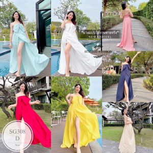 SG308  Maxi Dress เดรสยาวพริ้วสวย อกแต่งโบว์น่ารักมาก เอวด้านหลังเป็นยางยืด กระโปรงผ่าด้านหน้า ขนาด อกฟรีไซต์