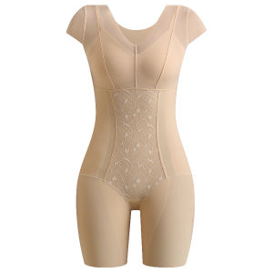 Luxury Nylon Shapewear Body Suit for Women with Short Sleeves and Boxer Pants Seamless Waist Gathering Butt Lifting Tummy Control