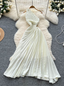 Elegant Summer Womens Dress Asymmetrical Hemline Gauze Pressed Irregular Design Luxury Chic Side Collar Midi Length Gown