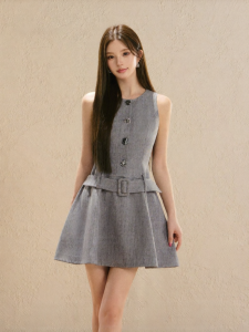 oshea | Đầm A-Line Ngắn Tay Dài Phong Cách Quý Tộc Vintage Màu Xám cho Phụ Nữ Nhỏ Gọn