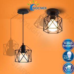 【Free LED Bulb】Iron Cage Ceiling Light Vintage Metal Cage Chandelier For Ceiling for Living Room E27 Base Lampshade Pendant Light Living Room Ceiling lamp Geometric Steel Cage Ceiling Light with Cage free Bulb NOCNEX
