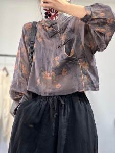 Ladies Cotton Linen Short Shirt Spring New Style Vintage Floral Print Asymmetrical Button Ladies Top Comfortable Fit Long Sleeve