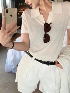 Summer Short Sleeve V-neck Elegant Casual Polo Shirt Blouse