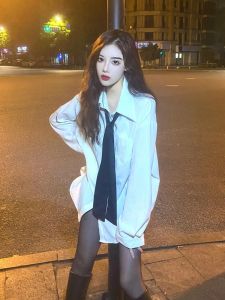 White Loose Shirt with Tie Korean Style Pure Desire Trend Spring Autumn New Design Casual Womens Premium Fashion Top