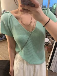 V-Neck Short Sleeve Knit T-Shirt for Women Plus Size Slim Fit Summer Work Clothing Hiding Fat Abs Beautiful Slim Short Top