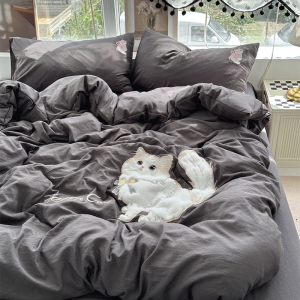 Maiden Heart Pink Washed Cotton Three-Dimensional Embroidery Cat Four-Piece Quilt Cover Bed Sheets Dormitory Three-Piece Set Bedding Fitted Sheet