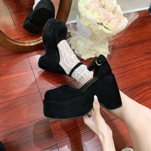 Womens Thick Heel Mary Janes Shoes Slip-On Loafers Platform Waterproof Spring Autumn Fashion Flat Leather Shoes Casual round Toe