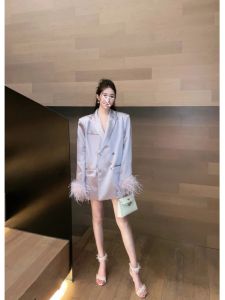 French Elegant Lightweight Satin Feather Double Button Loose Suit Top Commute Versatile Slimming Western Style Outerwear