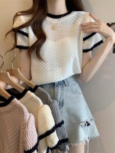 Womens Striped Short Sleeve Ice Silk Knitted Top Shoulder Width Regular Korean Style Loose Fit Summer New Arrival