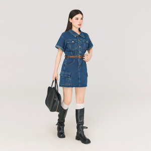 Womens Denim Dress High Waist A-Line Short Sleeve Commute Style Korean Fashion Belted Skirt High Quality Age-Defying