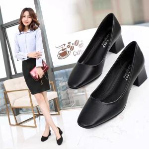 Comfortable Professional Square Head Work Shoes for Women Black Leather mid Heel Slip-On Shoes Hotel Staff Interview Suitable