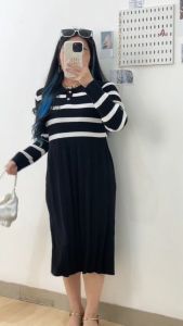 6146 Annalise Collar Button Pleated Long Sleeves Knit Midi Dress Wanita Rajut Import