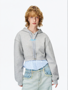ANN ANDELMAN | Hooded Grey Casual Fake Two-piece Short Hoodie