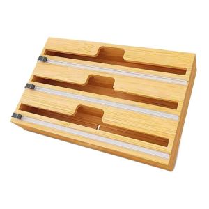 Payoca 3 in 1 Wrap Dispenser with Cutter and Labels Aluminum Foil and Plastic Wrap Organizer for Kitchen Drawer Bamboo Roll Storage Organizer Holder for Cling Film and Tin Foil Wax Paper Fits 12\" Roll