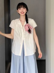 โรแมนติก รัฟเฟิล แขนเสื้อ หลวม ผู้หญิง เสื้อเชิ้ตมีเข็มขัดผูกข้อเท้ายาว คอวี สีบริสุทธิ์ ลำลอง ชุดทํางาน