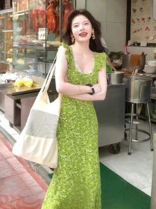 Y6Y | ชุดเดรสยาวลายดอกไม้แขนกุดสีเขียวสไตล์ฝรั่งเศสสำหรับผู้หญิงในฤดูร้อน ชุดเดรสยาวเอวสูงทรงเอเข้ารูป ความยาวปกติ