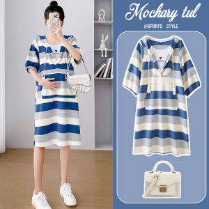 Summer Stripe Loose Maternity Dress Korean Style round Neck Short Sleeve Midi Dress Thin Material Maternity Summer Fashion