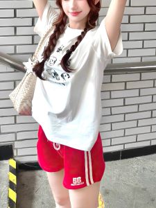 Quần Short Sọc Cổ Điển Mỹ Cho Nữ Mùa Hè Đa Năng Quần Thể Thao Rộng Rãi Quần Dài Ba Mảnh Quần Dài Thường Ngày