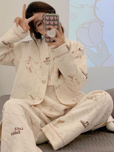 Bộ Đồ Ngủ Cotton Cho Bà Bầu Ba Mảnh Mùa Thu Đông Thoải Mái Dễ Thương Quần Dài Cạp Cao Có Thể Rút Ra Được