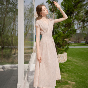 XIANGYING | French Style V-Neck Slimming Pink Womens Dress