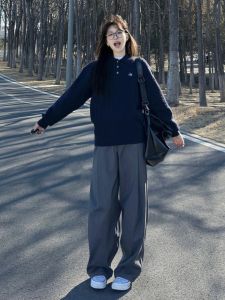 Quần Ống Rộng Xếp Ly Cạp Cao Rộng Rãi Cho Nữ Mùa Hè 2025 Quần Ống Rộng Phong Cách Mỹ Màu Xám Dài