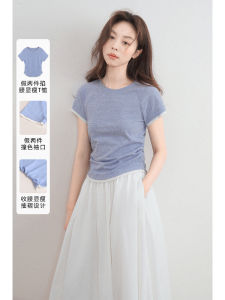 Áo Thun Tay Ngắn Ôm Vừa Vặn Màu Xanh Thanh Lịch Mùa Hè Thiết Kế Eo Cao Phong Cách Đường Phố Cotton Nguyên Chất Áo Thun Nữ