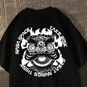 100% Pure Cotton Summer Chinese Fad Short-Sleeved T-shirt Mens Hiphop Original Fashion Brand Design Lion Totem Print Tops