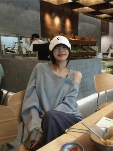 Gray Oversize Shoulder Bared Sweatshirt Womens Loose Long Sleeve Pullover Autumn Winter Fashion Casual Comfortable Top