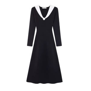 Váy Dệt Kim Cổ Chữ V Màu Đen Thanh Lịch Cho Bà Bầu Mùa Xuân Thu Hoa Trà Váy Dài Ôm Eo Thon Gọn Phong Cách Pháp