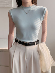 Slim Fit Ice Blue Summer New Style Unique Beautiful Womens Top Elastic Slimming Personality Vest Sleeveless T-shirt Trendy