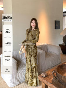 ชุดเดรสยาวแขนกุดผ้าฝ้ายผสมพิมพ์ลายดอกไม้ ทรงเข้ารูป เดรสทำงานฤดูใบไม้ร่วงและฤดูหนาวสำหรับผู้หญิง ชุดคลุมคอวี