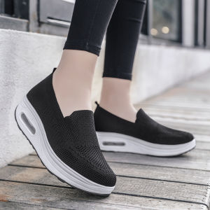 Japan Hot Sales Slip On Comfortable Air-Cushion Sneakers For Women Fly Woven Leisure Thick Soled Wedge Shoes
