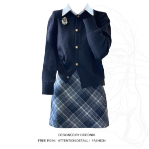 plus Size College Style Plaid Knit Top And Short Skirt Set Autumn New American Style Fat Sister Clothing Knitted Sweater Set