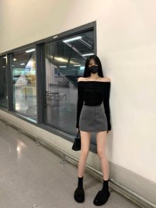 Spicy Girl Shoulder Bared Long Sleeve T Shirt Womens Fashion Spring 2024 Slim Short Black Base Layer Shirt Korean Style Commute Pure Color