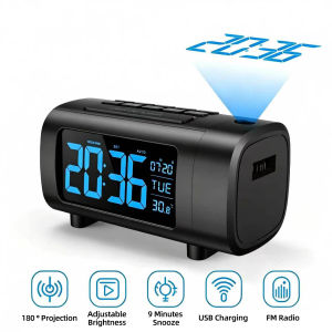 180° HD Projection Alarm Clock Digital 2 Display Modes LED Clock with Date/Temperature Display USB Charger Bedroom Bedside Clock