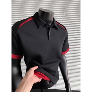 OUMULONG | Black and Red Contrast Collar Deconstructed T-shirt POLO Summer