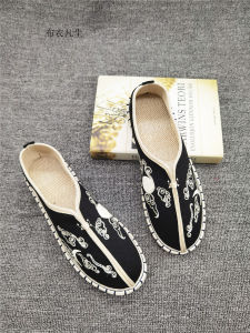 Mens Linen Slip-On Shoes Breathable Comfortable Yunnan Ethnic Style Flat Head Design Daily Wear Low Heel TPR Outsole