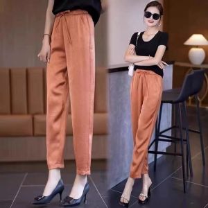 กางเกงขายาวทรงตรงเอวสูงผ้าซาตินอะซิเตทสำหรับผู้หญิงในช่วงฤดูร้อน กางเกงขายาวทรงขากระบอกบางใหม่ กางเกงขายาวทรงฮาราจูกุผ้าไหมน้ำแข็ง