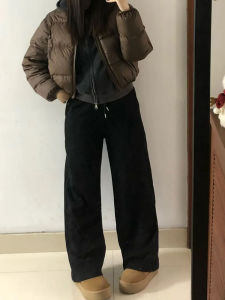 กางเกงกีฬาขายาวทรงตรงหลวมๆ สีดำ กางเกงขายาวทรงตรงสำหรับผู้หญิงไซส์ใหญ่ กางเกงขายาวทรงตรงผ้าโพลีเอสเตอร์